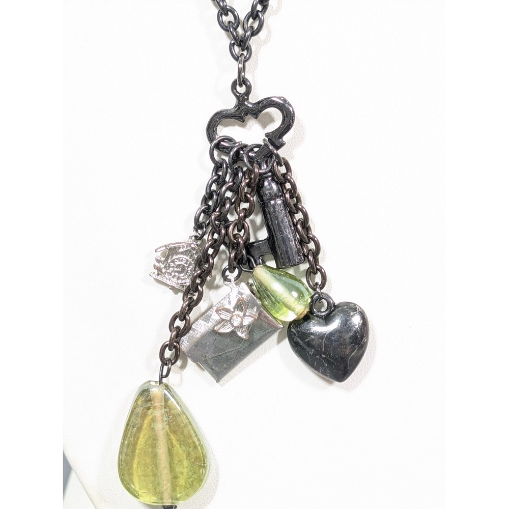 Boho‎ Whimsigoth Gray Chain Green Glass Charm Envelope Locket Necklace 30"